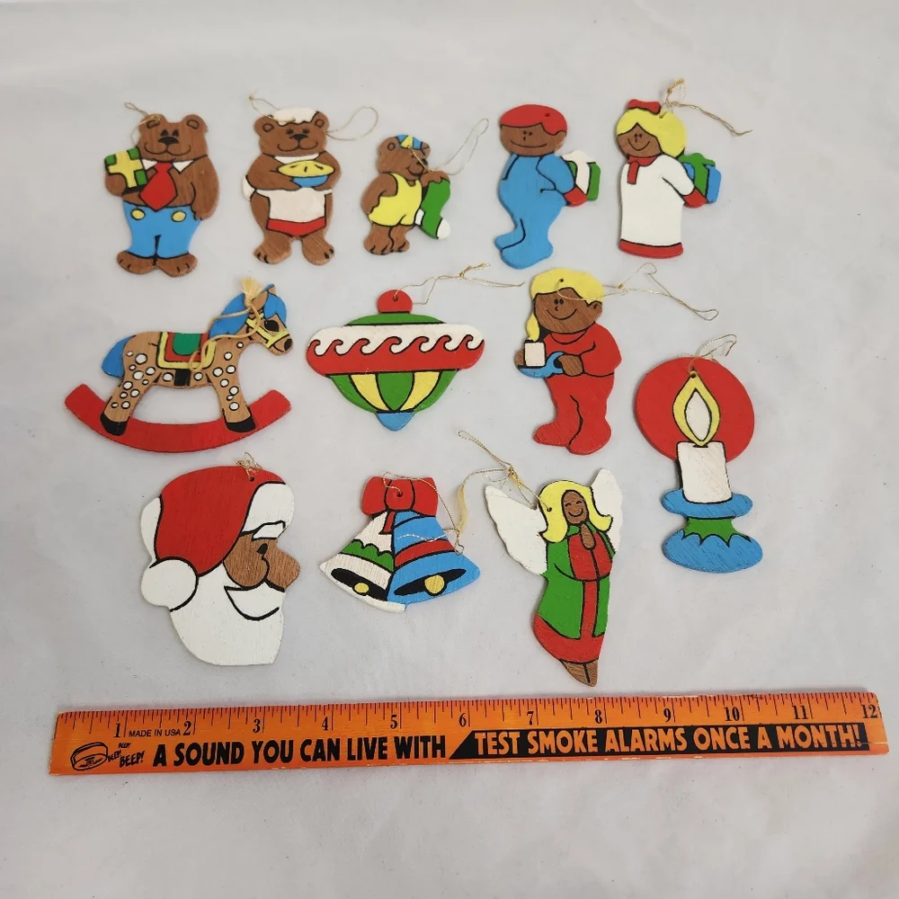 12 Flat Wooden Christmas Ornaments Vtg Bears Kids